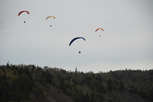 Paragliders soaring above the cliffs at West Bay.